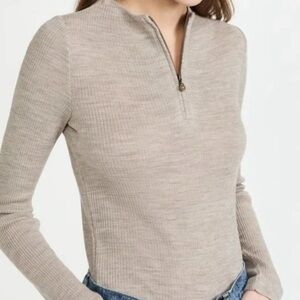 Vince Sz Medium Ribbed Half Zip Sweater Tan Wool Blend  Quiet Luxury Lightweight